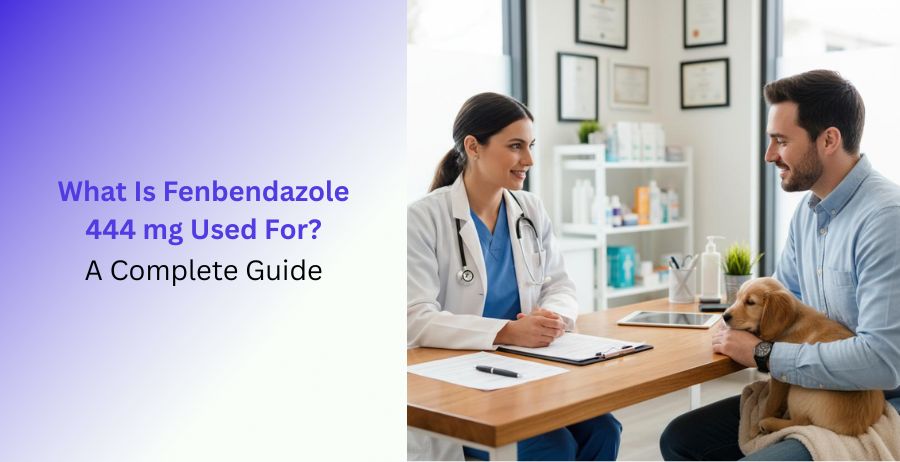 A capsule of Fenbendazole 444 mg with a medical cross background, explaining what it is used for.