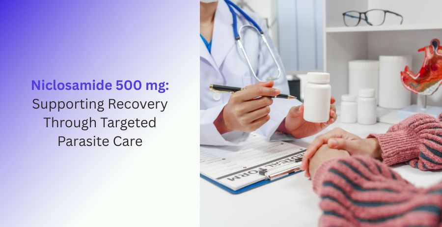 Niclosamide 500 mg tablets for prescription treatment of intestinal tapeworm infections with information on dosage, benefits, targeted parasite care, side effects, and safe use