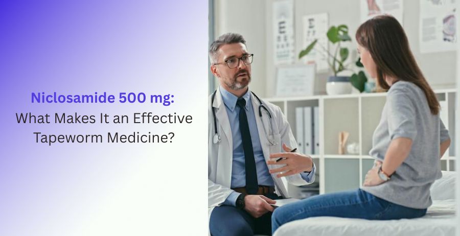 Niclosamide 500 mg tablets used for prescription treatment of intestinal tapeworm infections, featuring dosage guidance, benefits, safety precautions, side effects, and effective antiparasitic therapy.