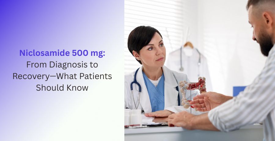 Niclosamide 500 mg prescription tablets for intestinal tapeworm treatment with information on diagnosis, dosage, recovery, safety precautions, and patient care.