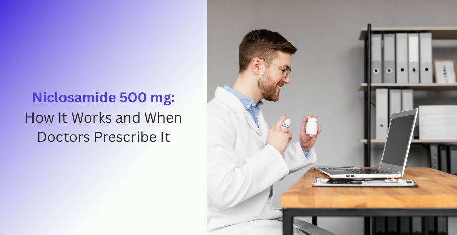 Niclosamide 500 mg prescription tablets for intestinal tapeworm treatment, explaining how the medication works, approved medical uses, dosage guidance, and patient safety information.