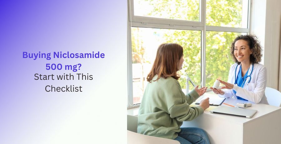 Niclosamide 500 mg prescription tablets with a patient checklist for safe purchasing, trusted pharmacy verification, medication quality checks, and prescription parasite treatment guidance.