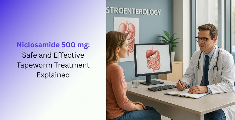 Niclosamide 500 mg tablets used for safe and effective tapeworm treatment, including dosage, benefits, side effects, and prescription safety information