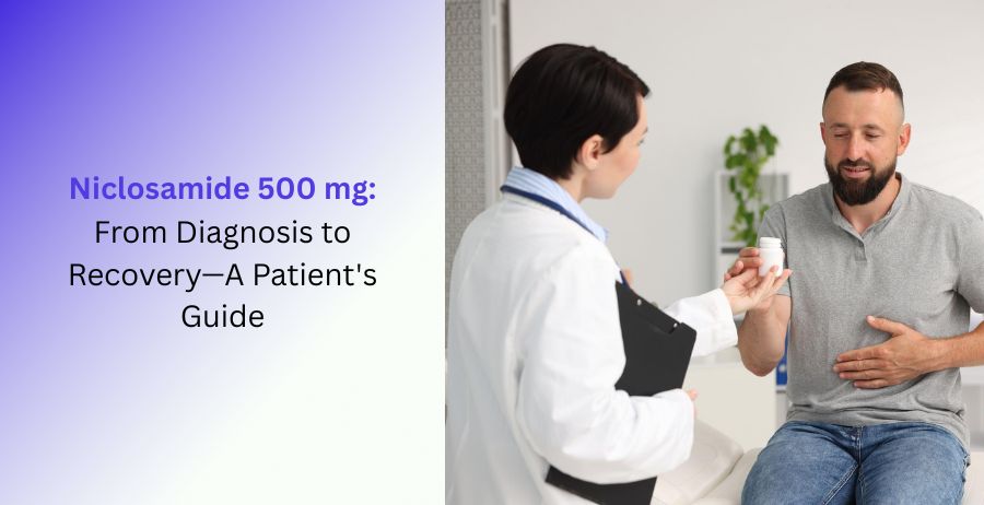Niclosamide 500 mg tablets with a patient guide covering tapeworm treatment, antiparasitic therapy, dosage, benefits, side effects, recovery, and safety precautions